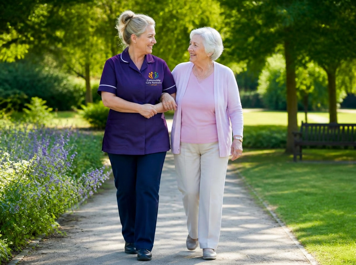 A carer and an elderly woman walking together through a park, arm in arm