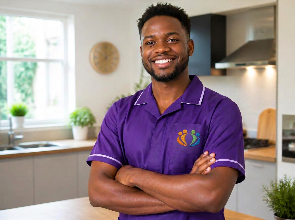A smiling carer in a purple Community Care Partners uniform, arms crossed, in a bright home kitchen