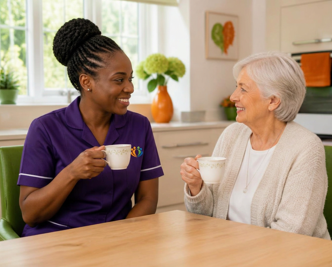 A smiling carer in a purple Community Care Partners uniform sharing tea with an elderly woman in her bright kitchen