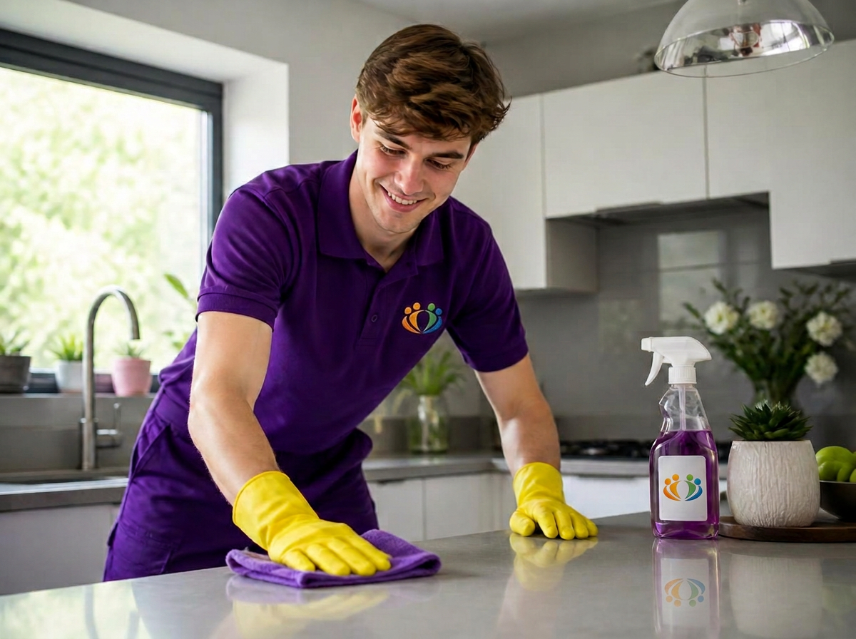 A professional cleaner in a purple Community Care Partners uniform and yellow household gloves polishing a kitchen worktop