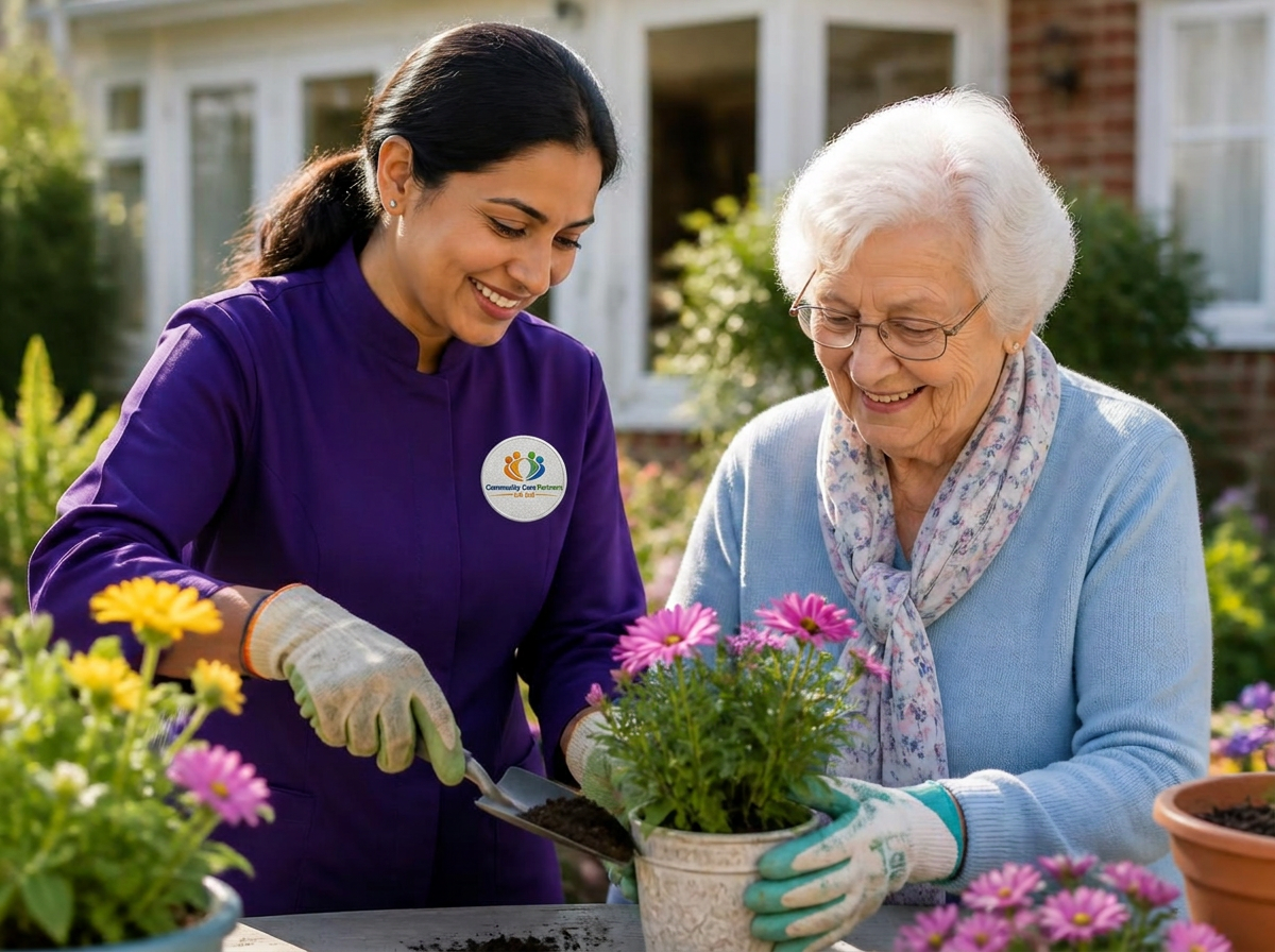 A live-in carer in a purple Community Care Partners uniform gardening with an elderly woman at her home