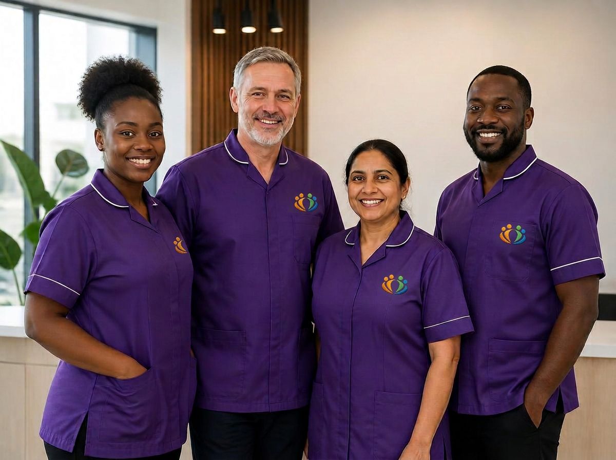 A diverse team of care professionals in purple Community Care Partners uniforms smiling together