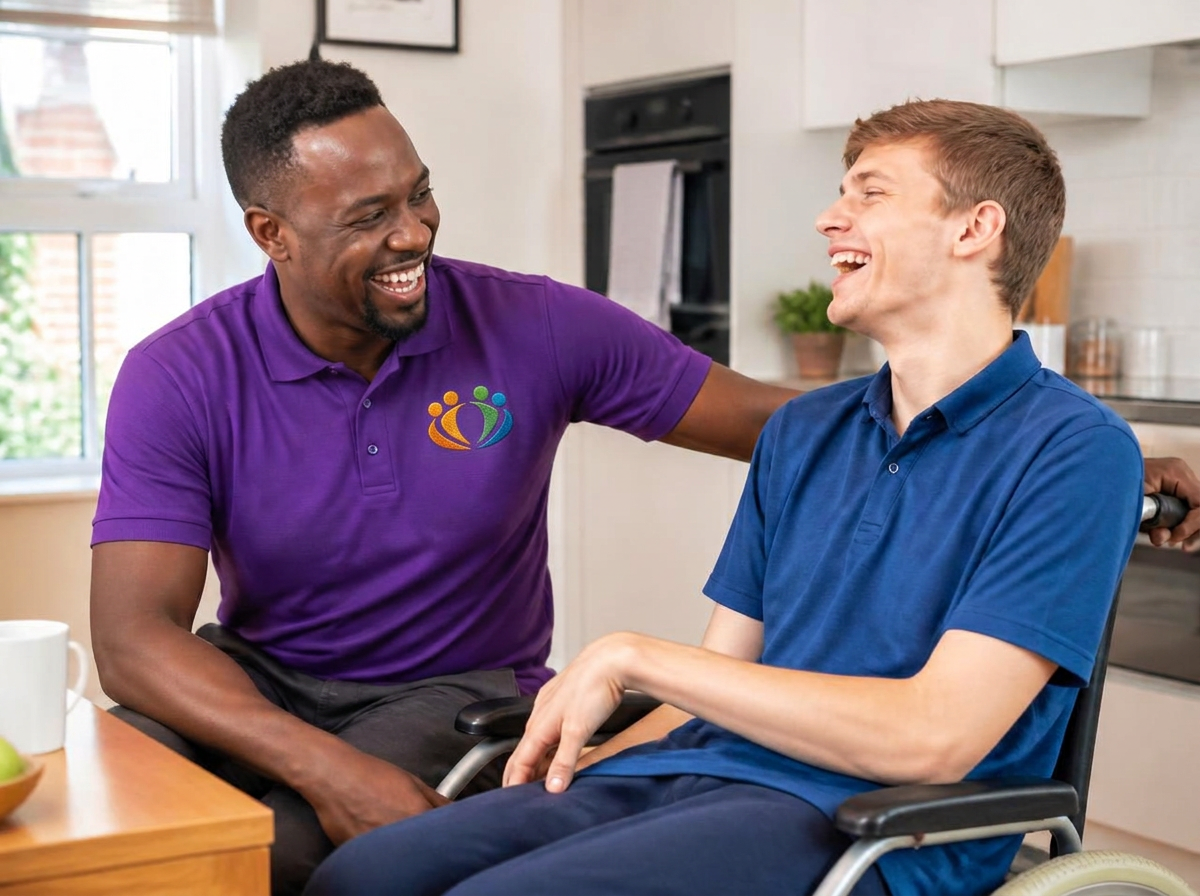 A support worker in a purple Community Care Partners uniform laughing with a young man in a wheelchair in his kitchen